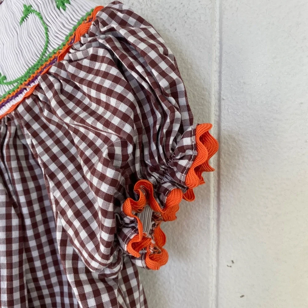 Marmellata Girls sz 3T Brown Gingham Smocked Pumpkin Thanksgiving Dress